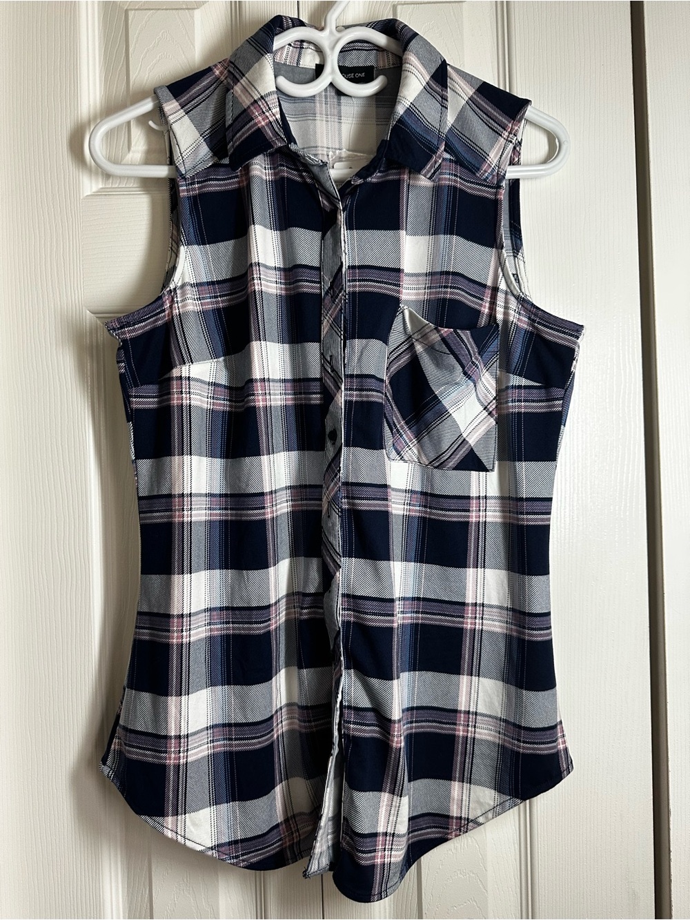 Warehouse one Navy, White and Pink Sleeveless Plaid Button-Down Top size S